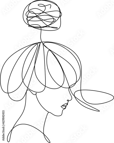 Continuous line drawing of a young woman feeling sad, tired and worried about depression in mental health. problems, failures and broken heart concepts isolated on white