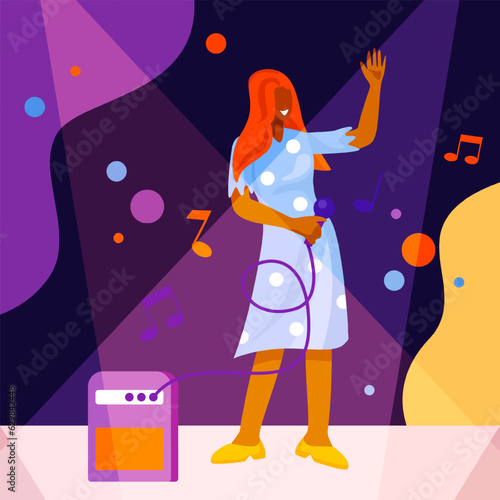 Wallpaper Mural Stylish American female singing in microphone on stage. Concept of creating music and hobby. Singer performs in nightclub. Flat vector illustration in cartoon style Torontodigital.ca