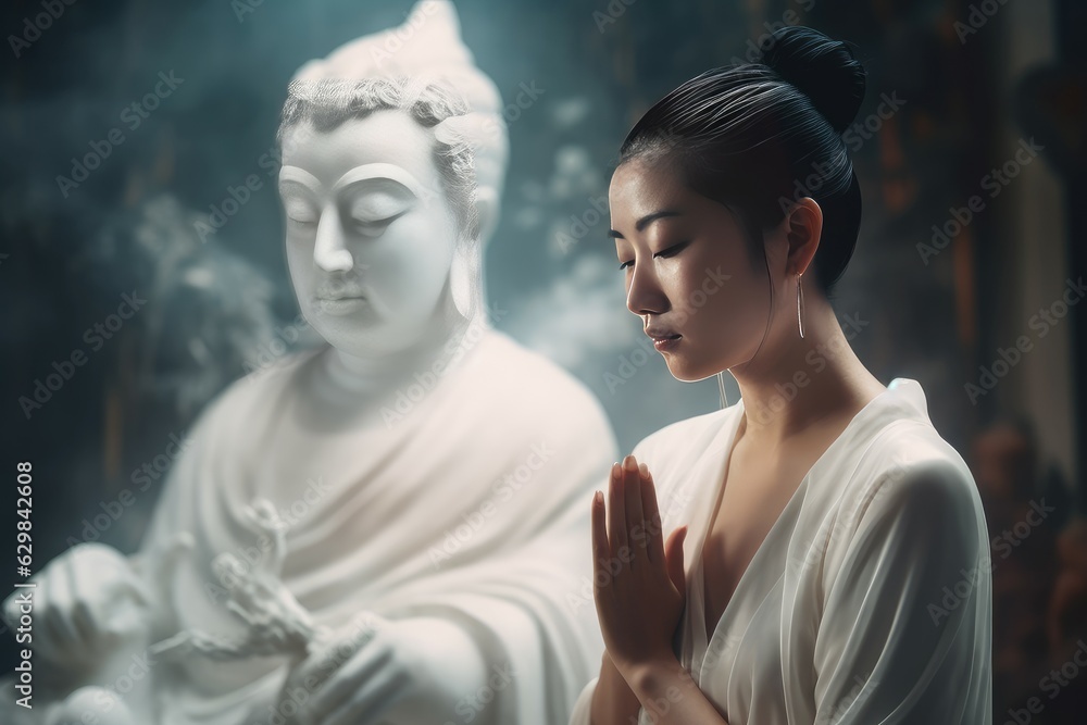 Fototapeta premium Chinese lady pray buddha. Generate AI