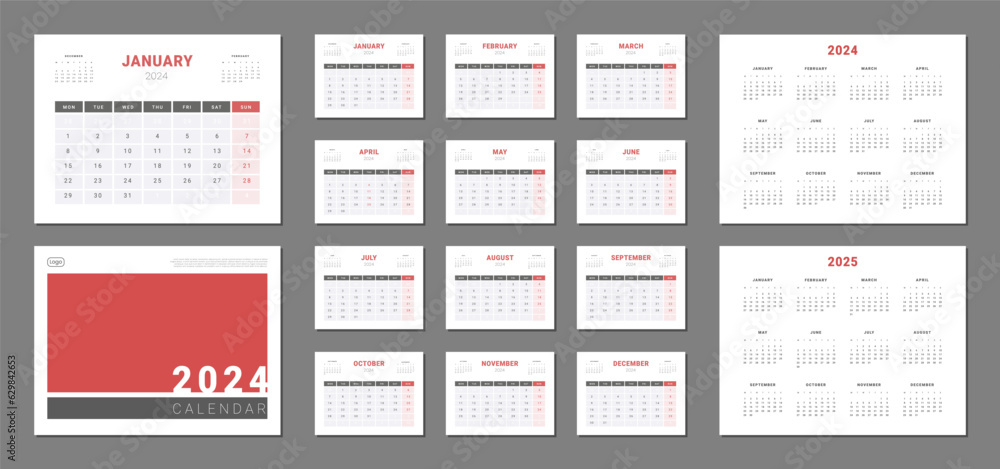 Set of 2024 Calendar Planner Template with cover and annuals calendars 2024, 2025. Vector layout of a wall or desk simple calendar with week start monday. Calendar grid in grey, red color for print Set of 2024 Calendar Planner Template with cover and annuals calendars 2024, 2025. Vector layout of a wall or desk simple calendar with week start monday. Calendar grid in grey, red color for print