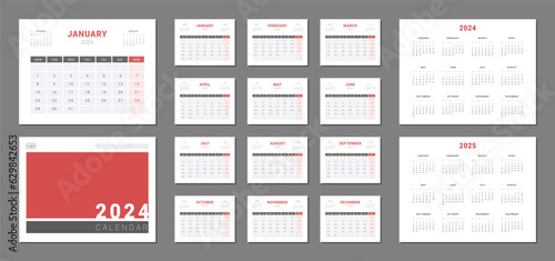 Set of 2024 Calendar Planner Template with cover and annuals calendars 2024, 2025. Vector layout of a wall or desk simple calendar with week start monday. Calendar grid in grey, red color for print