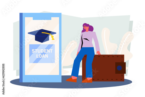 Female sitting on big wallet, thinking about student loan. Concept of borrow money from the bank to buy valuable things. Easy instant credit concept. Flat vector illustration