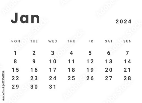 Template design of Monthly Calendar on january 2024. Vector layout minimal calendar with week start Monday.