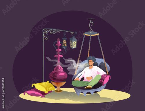 Male sitting on decorative swing, resting and smoking at night. Concept of tobacco smoking. Nightclub with hookah lounge. Flat vector illustration in cartoon style with black background