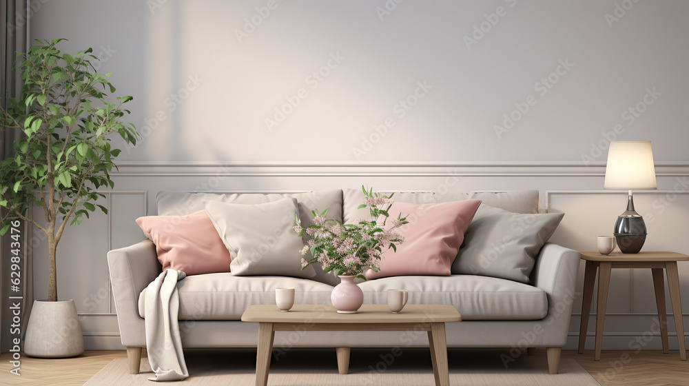 Naklejka premium Stylish Living Room Interior Mockup, Modern Interior Design, 3D Render, 3D Illustration