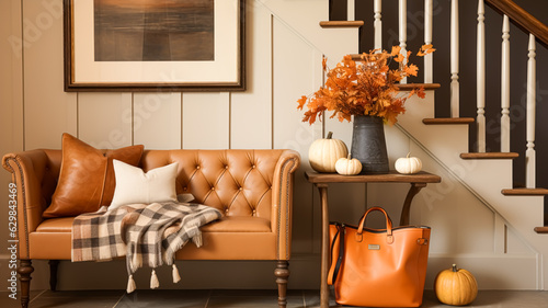 Autumnal hallway decor, interior design and house decoration, welcoming autumn entryway furniture, stairway and entrance hall home decor in an English country house and cottage style