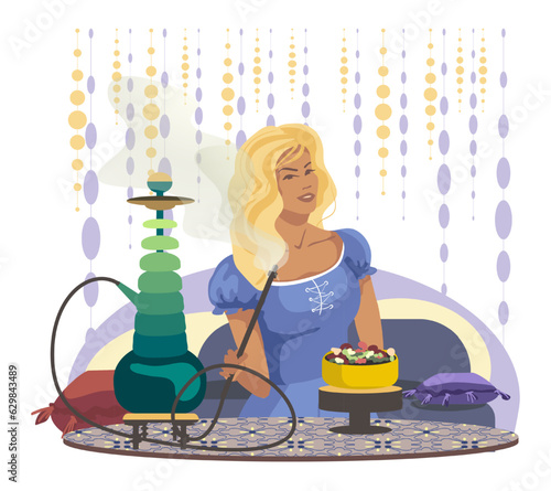 Blonde woman holding hookah pipe and sitting at table with food. Hookah lounge club. Concept of tobacco smoking. Rest, relax with hookah in lounge. Flat vector illustration in cartoon style