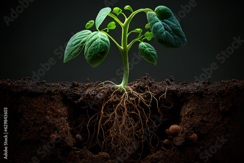 a young plant with roots in the ground,a young plant with roots,green vegetable sprouts grow in the soi,Growing plant with underground root visible,generative ai photo