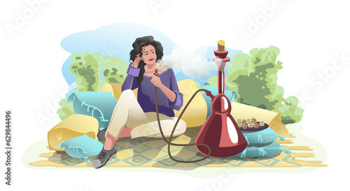 Young lady sitting on man and smoking. Hookah lounge club. Traditional oriental leisure. Concept of tobacco smoking. Flat vector illustration in cartoon style in blue colors