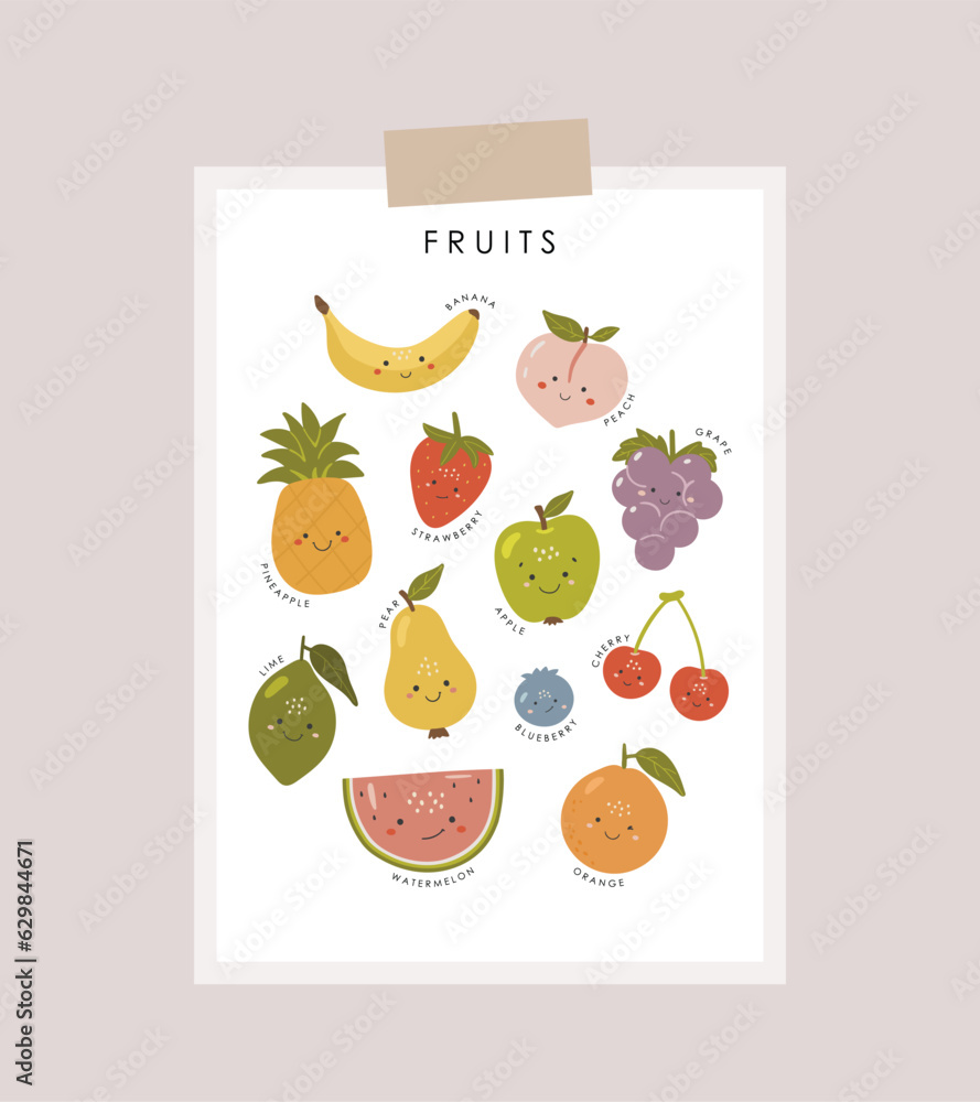 Cute Fruits, Educational fruits illustration, educational material, kids vector, kindergarten illustration, classroom poster, fruits vector, preschool design, fruits vector