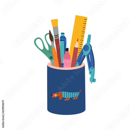 Desktop stand with pencil, pen, scissors, ruler, paintbrushes. Stationery items for school, work, study. Hand drawn vector illustration isolated on white background, modern flat cartoon style.