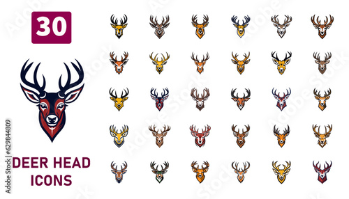 Mega set of 30 deer head vector set for logo or icon design isolated on white background