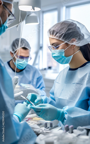 Dentists in white coats and with sanitary caps and mask are doing an operation