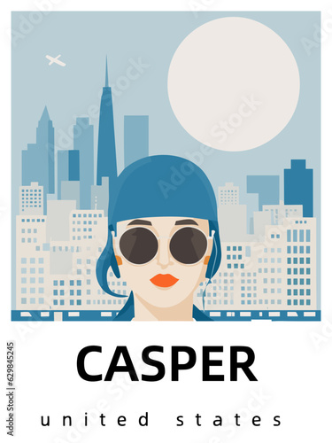 Casper: Flat design tourism poster with a cityscape of Casper (United States)