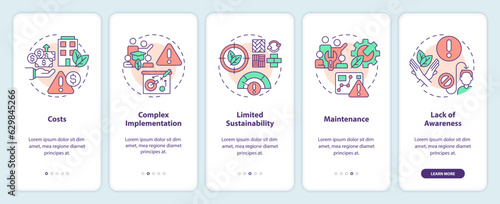 2D thin line icons representing sustainable office mobile app screen set. 5 steps graphic instructions, UI, UX, GUI template.