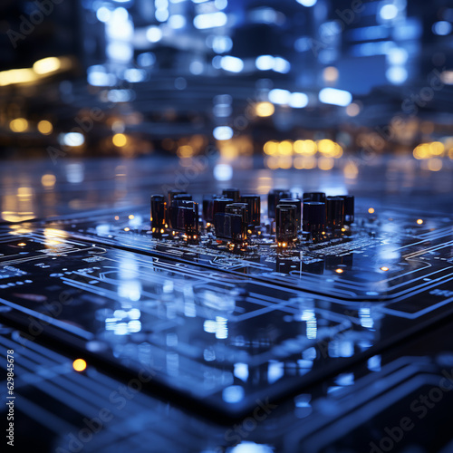Città smart, circuito stampato con componenti davanti ad una città sfuocata illuminata photo