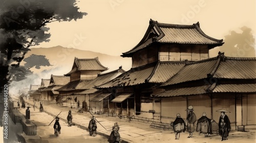 Illustration of feudal japan village, Generative AI photo