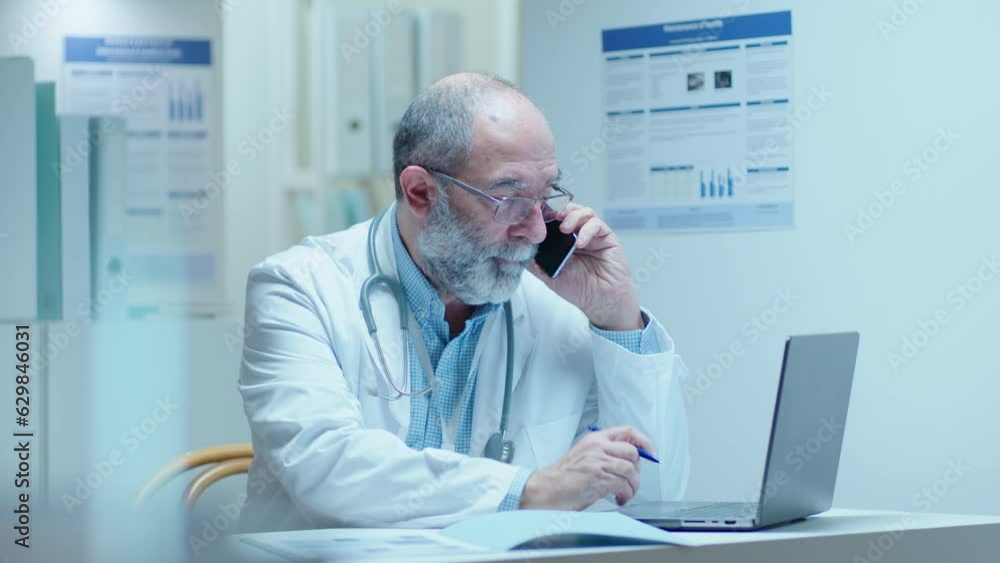 Senior male doctor in white coat speaking on mobile phone, making notes and using laptop, scheduling a patients appointment in clinic Senior male doctor in white coat speaking on mobile phone, making notes and using laptop, scheduling a patients appointment in clinic
