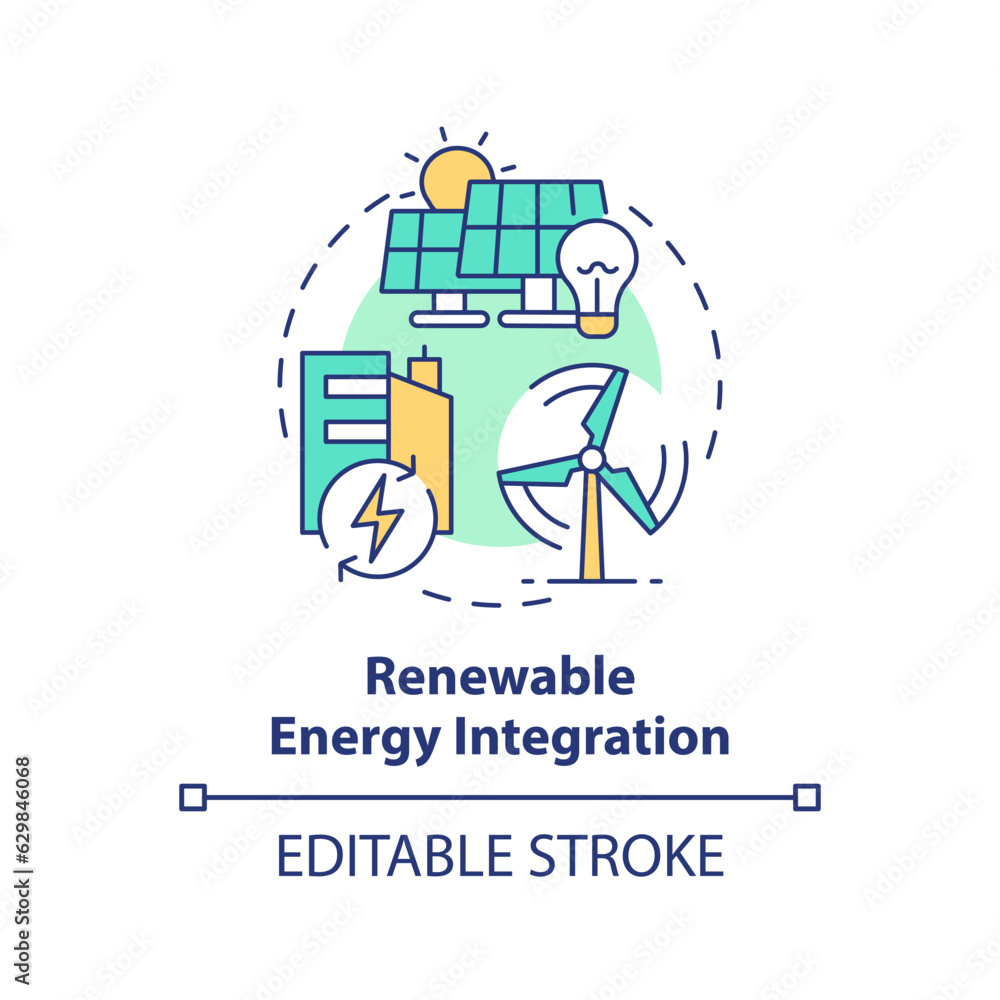 Editable renewable energy integration icon concept, isolated vector, sustainable office thin line illustration.
