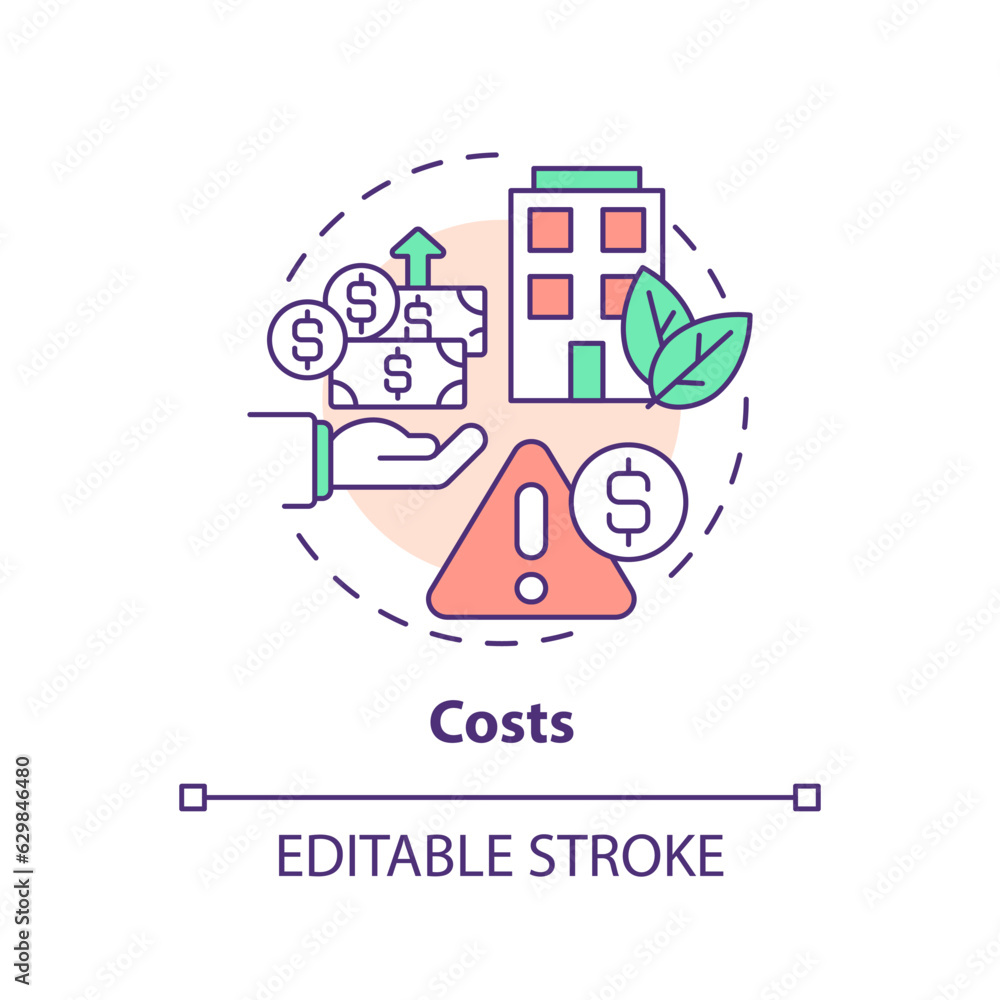 Editable costs icon concept, isolated vector, sustainable office thin line illustration. Editable costs icon concept, isolated vector, sustainable office thin line illustration.