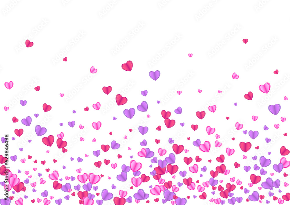 Tender Heart Background White Vector. Anniversary Backdrop Confetti. Pink Present Pattern. Violet Confetti Cut Texture. Fond Volume Frame.