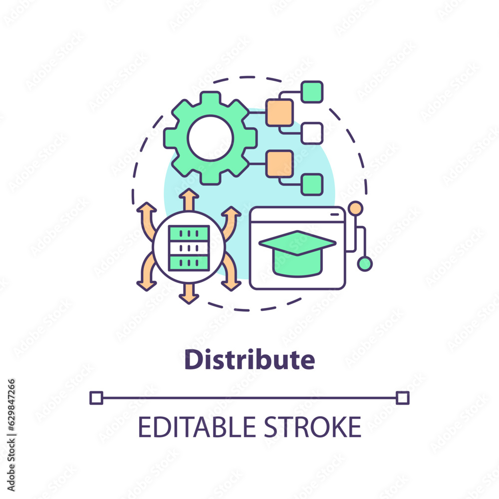 2D editable distribute thin line icon concept, isolated vector, multicolor illustration representing knowledge management.