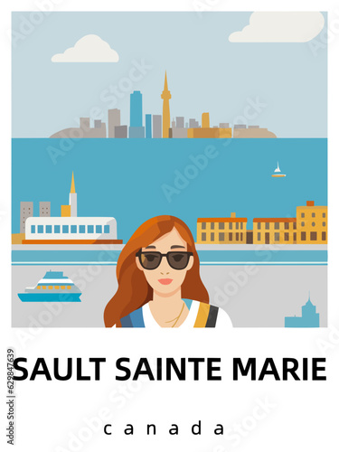 Sault Sainte Marie: Flat design tourism poster with a cityscape of Sault Sainte Marie (Canada)