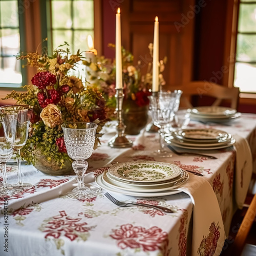 Autumnal holiday tablescape, formal dinner table setting, classic festive table scape with decoration for wedding party and event celebration, generative ai © Anneleven