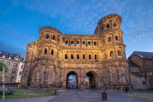 View of the Porta Nigra at sunset   a Roman City Gate built after 170 AD and located in Trier  Germany