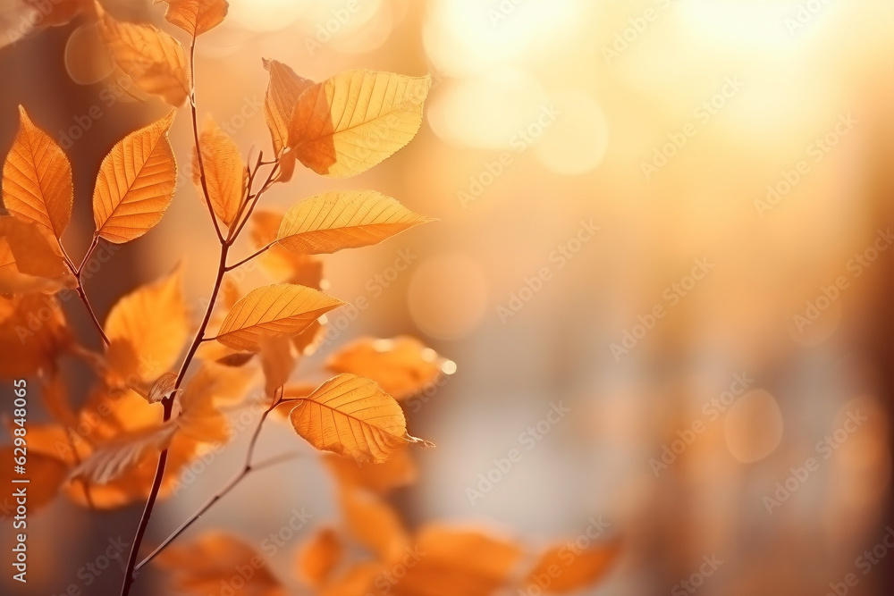 Beautiful autumn nature background with orange leaves on tree and blurry background with sunlight and bokeh Beautiful autumn nature background with orange leaves on tree and blurry background with sunlight and bokeh