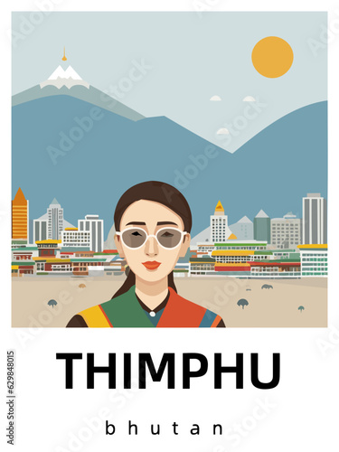 Thimphu: Flat design tourism poster with a cityscape of Thimphu (Bhutan)