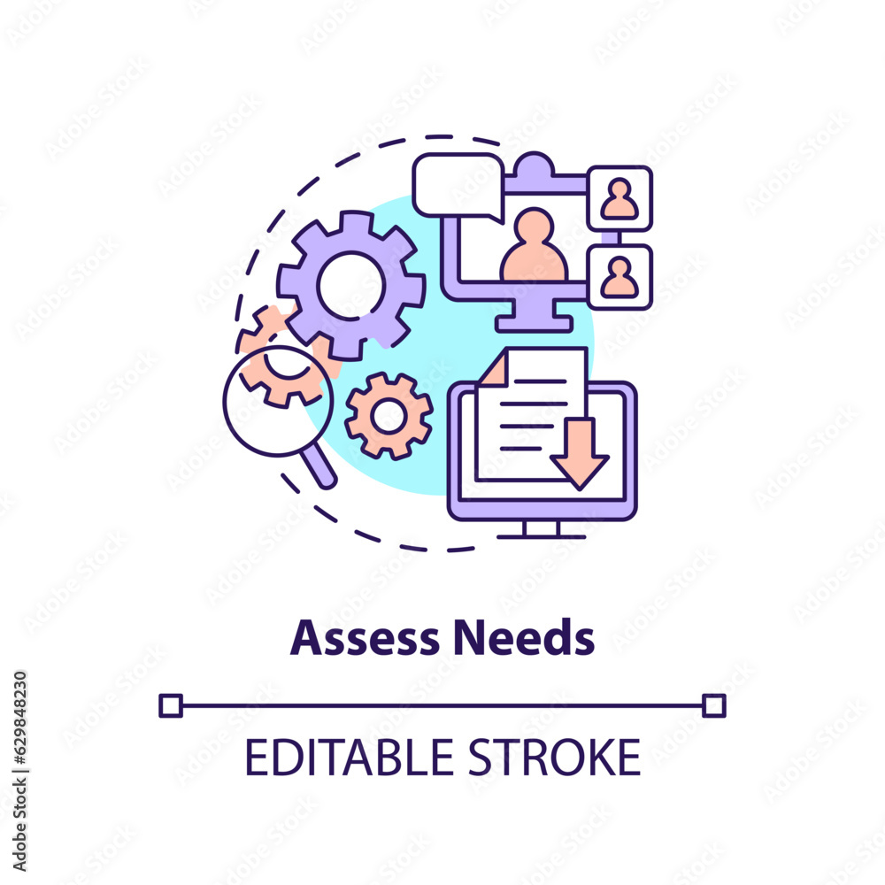 2D editable assess needs thin line icon concept, isolated vector, multicolor illustration representing knowledge management. 2D editable assess needs thin line icon concept, isolated vector, multicolor illustration representing knowledge management.