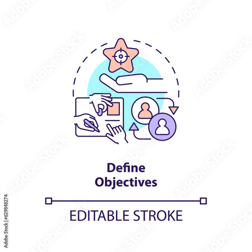 2D editable define objectives thin line icon concept, isolated vector, multicolor illustration representing knowledge management.