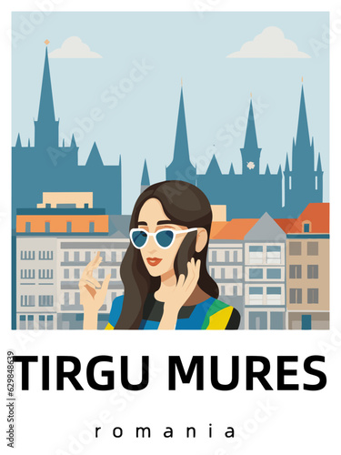 Tirgu Mures: Flat design tourism poster with a cityscape of Tirgu Mures (Romania) photo