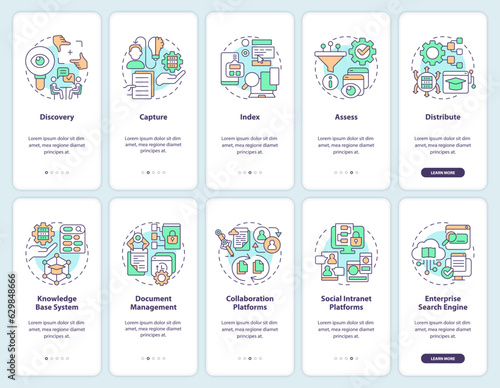 2D icons representing knowledge management mobile app screen set. Walkthrough 5 steps colorful graphic instructions with thin line icons concept, UI, UX, GUI template.
