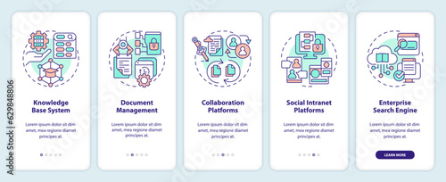 2D colorful thin line icons representing knowledge management mobile app screen set. 5 steps graphic instructions, UI, UX, GUI template.