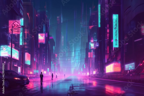 Futuristic cyberpunk city full of neon lights - illustration, Generative AI