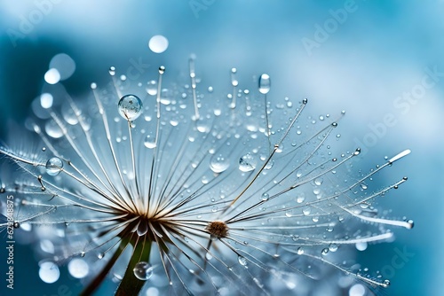  In the world of macro photography, a dandelion seed becomes a breathtaking marvel with a shiny dew water drop generative ai technology 