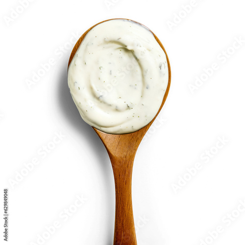 Ranch sauce in spoon top view isolated on transparent background