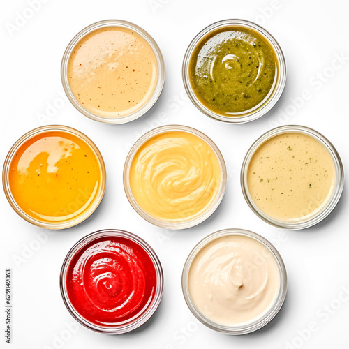 Different sauces in saucers top view isolated on transparent