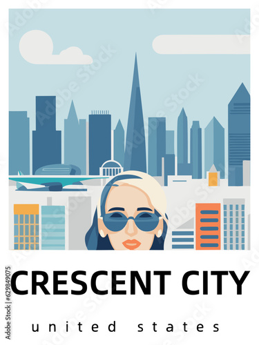 Crescent City: Flat design tourism poster with a cityscape of Crescent City (United States)