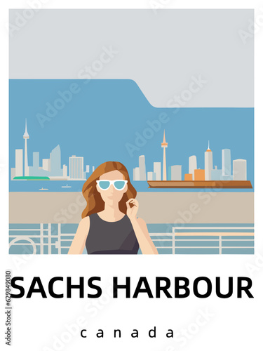 Sachs Harbour: Flat design tourism poster with a cityscape of Sachs Harbour (Canada)