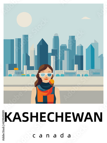 Kashechewan: Flat design tourism poster with a cityscape of Kashechewan (Canada) photo