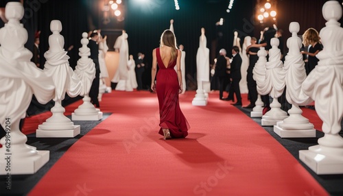 woman models walking on red carpet view from back side