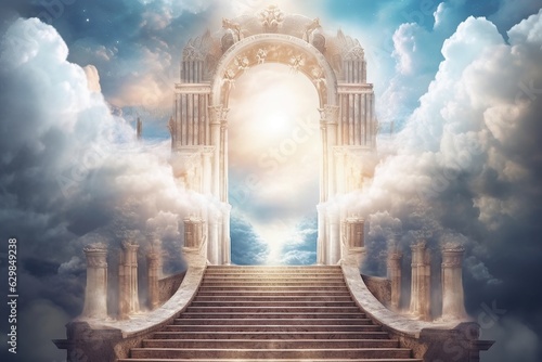 Tableau sur toile Steps to Heaven, a  staircase in the clouds leads to the gates of Heaven
