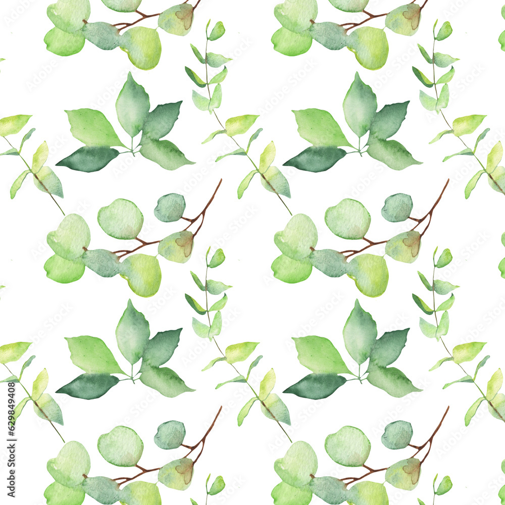 Obraz premium Seamless pattern green leaves trees and branches, foliage of natural branches, green leaves, herbs, tropical plants hand drawn watercolor on white background.