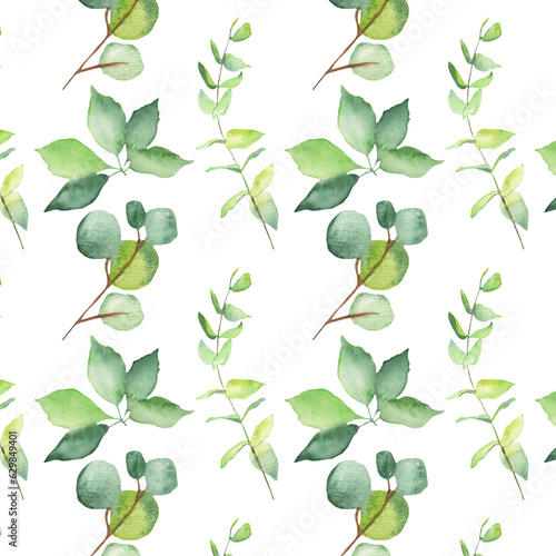 Seamless pattern green leaves trees and branches, foliage of natural branches, green leaves, herbs, tropical plants hand drawn watercolor on white background.