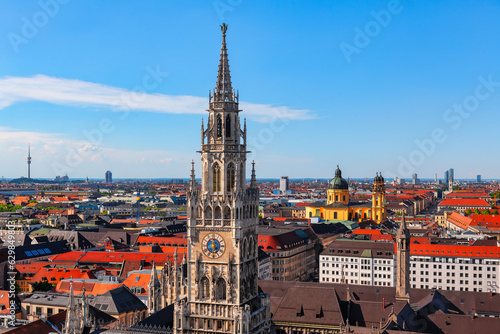 Panoramic view of Munich city and Rathaus . Munich old town view from above