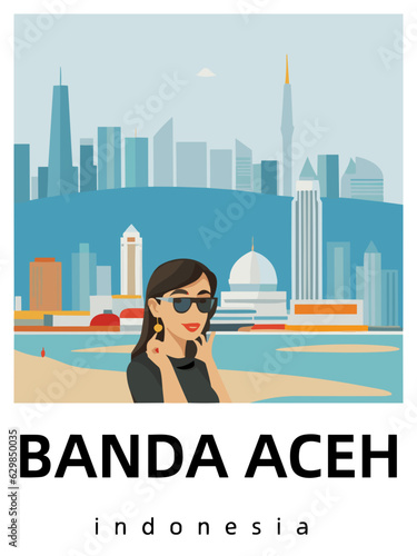 Banda Aceh: Flat design tourism poster with a cityscape of Banda Aceh (Indonesia)