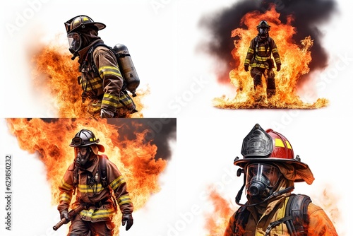 set of firefighters isolated on white background